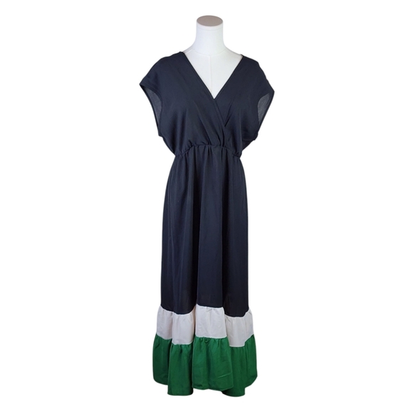 Colorblock Tiered Maxi Dress Black White Green V-Neck Sleeveless Size Large - Picture 1 of 7